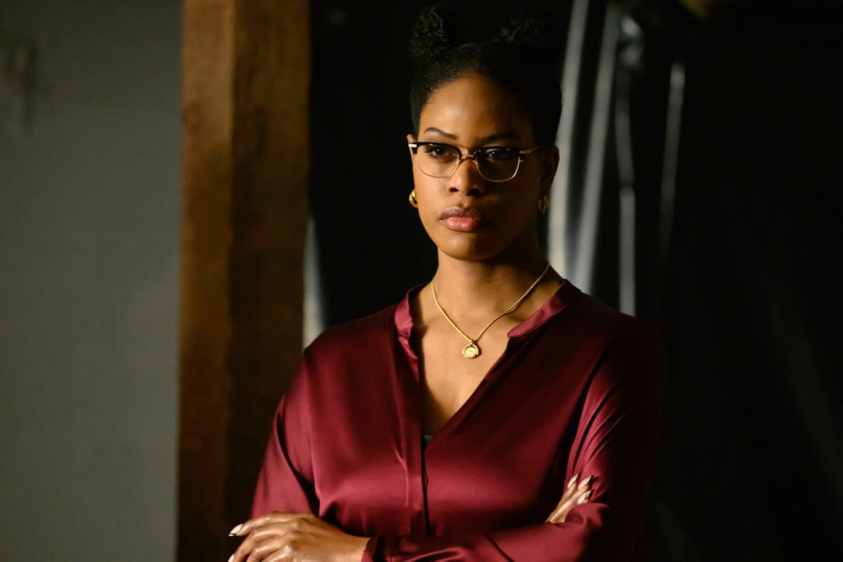 In The Blacklist Season 10 Episode 6, Dr. Laken Perillos wears a red top and glasses. 