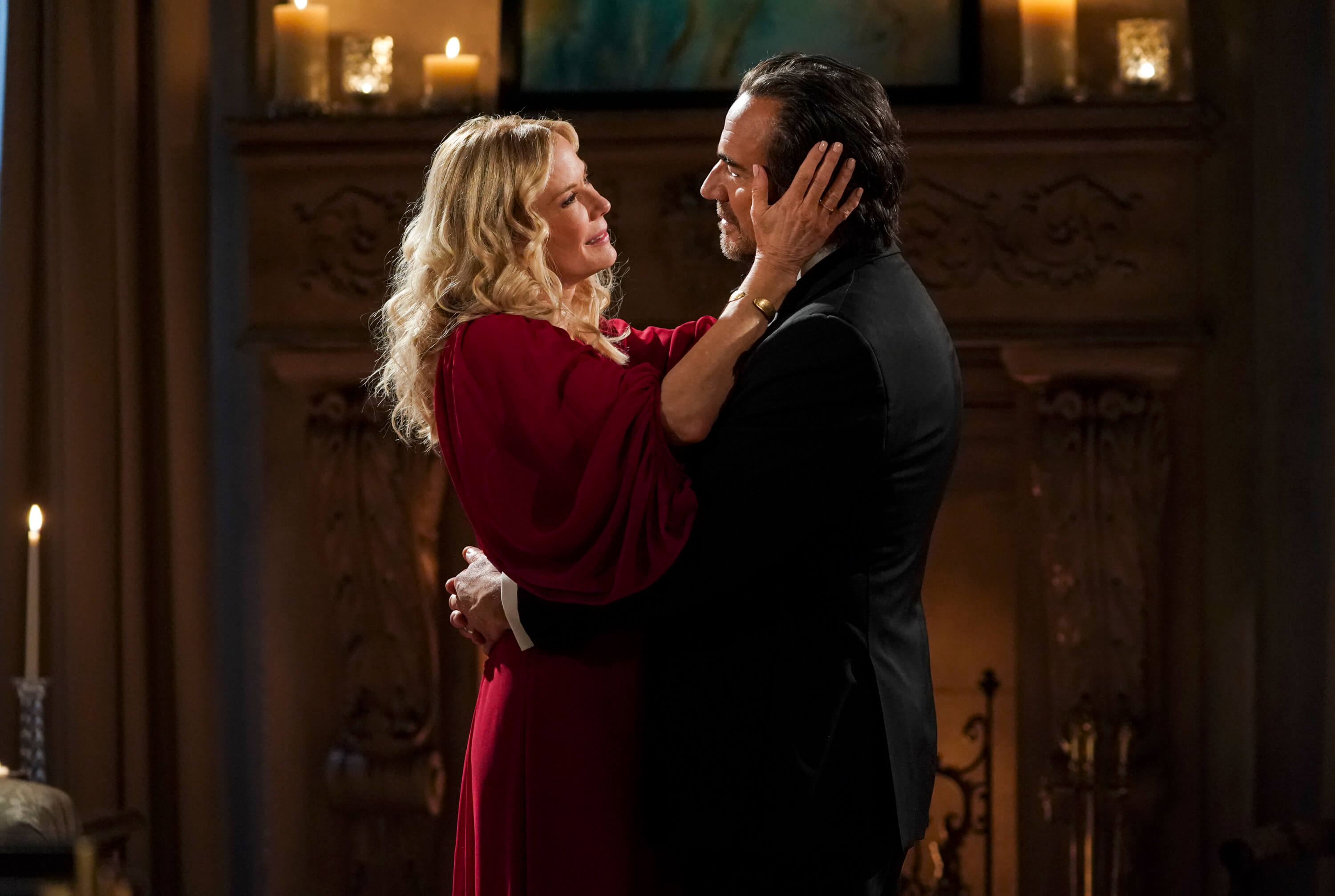 'The Bold and the Beautiful' star Katherine Kelly Lang in a red dress and Thorsten Kaye in a tuxedo; in a scene from the soap opera.
