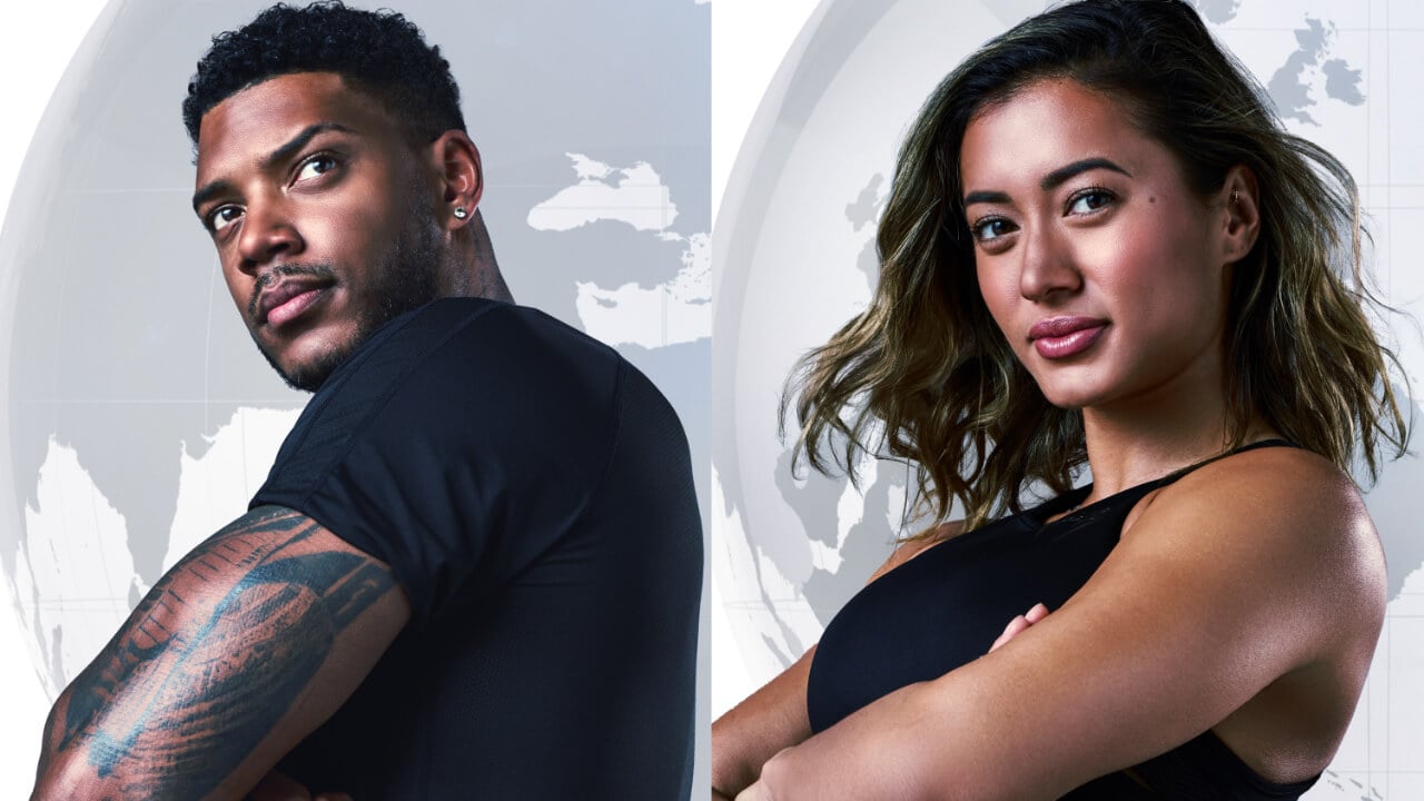 Theo Campbell and Kaz Crossley posing for 'The Challenge: World Championship' cast photos