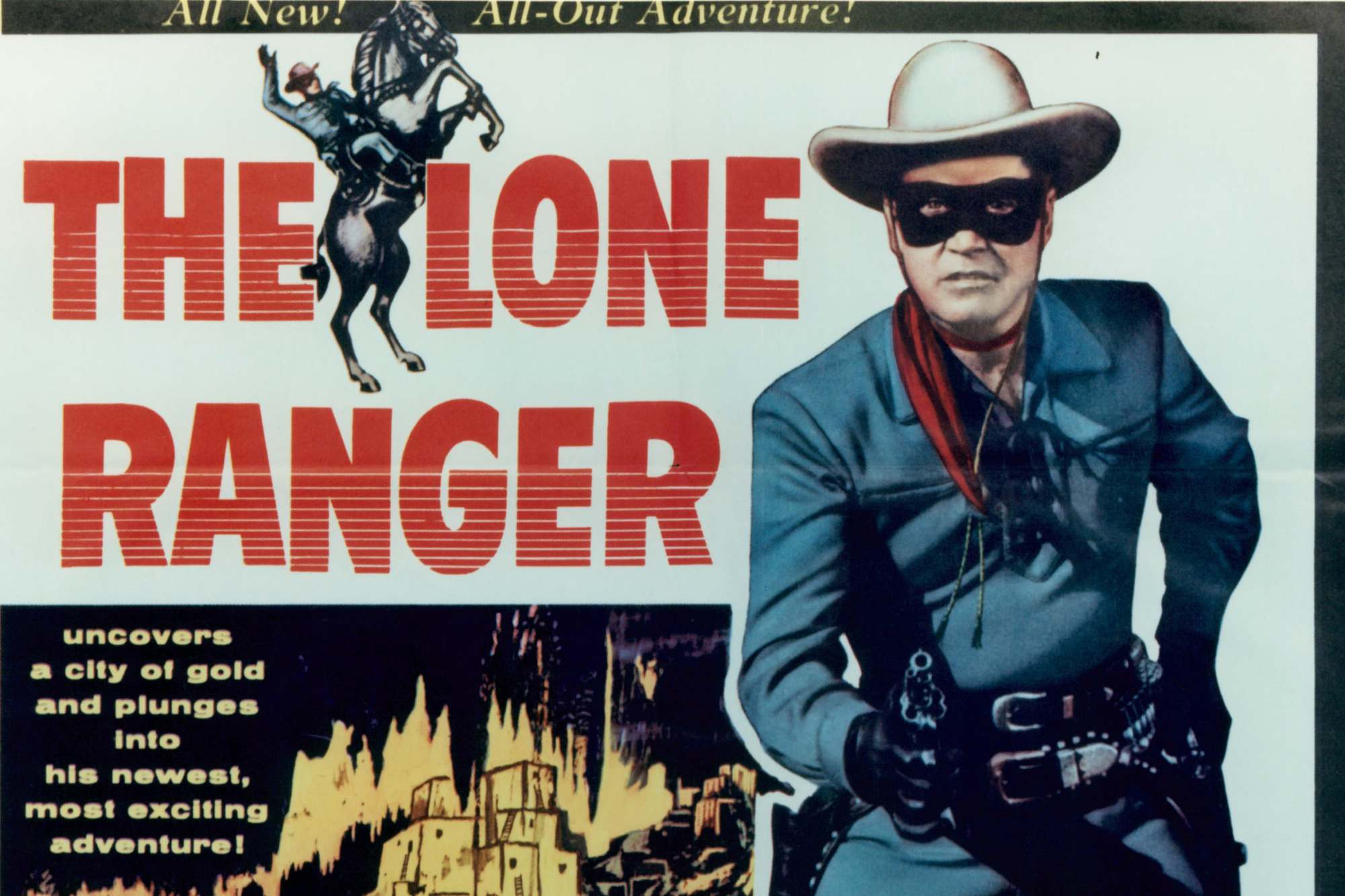 'The Lone Ranger' awards nominee. Clayton Moore in a publicity poster wearing the Lone Ranger costume, holding his gun out next to the logo.