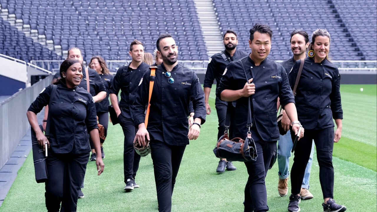Victoire Gouloubi, Nicole Gomes, Tom Goetter, Charbel Hayek, Ali Al Ghzawi, Buddha Lo, Gabriel Rodriguez, Luciana Berry walking together during 'Top Chef: World All-Stars'