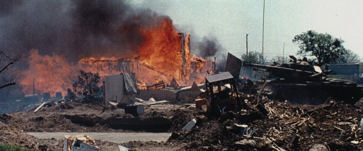 The burning remnants of the Branch Davidian compound in Waco.