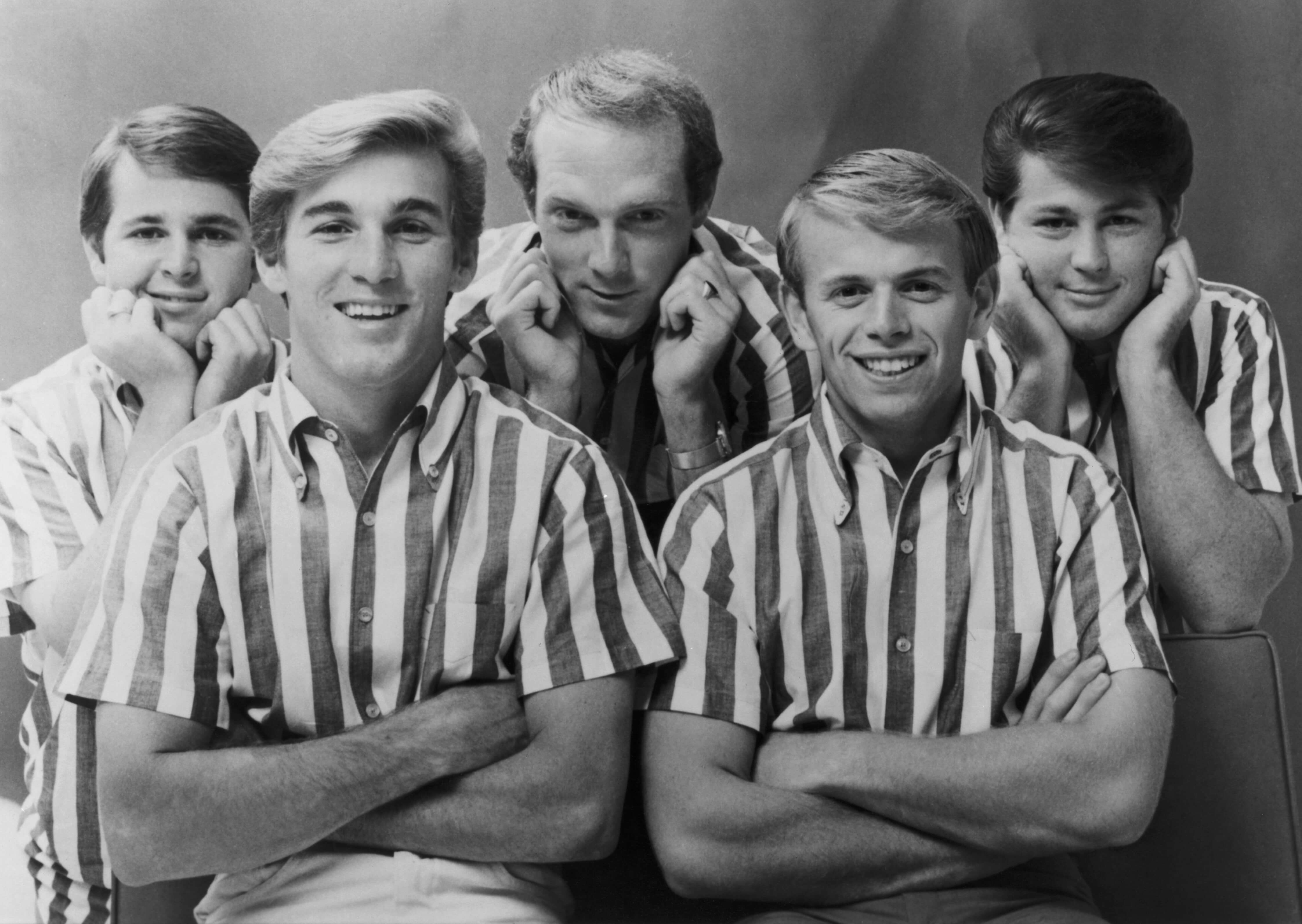 The Beach Boys during the "Don't Worry Baby" era in black-and-white
