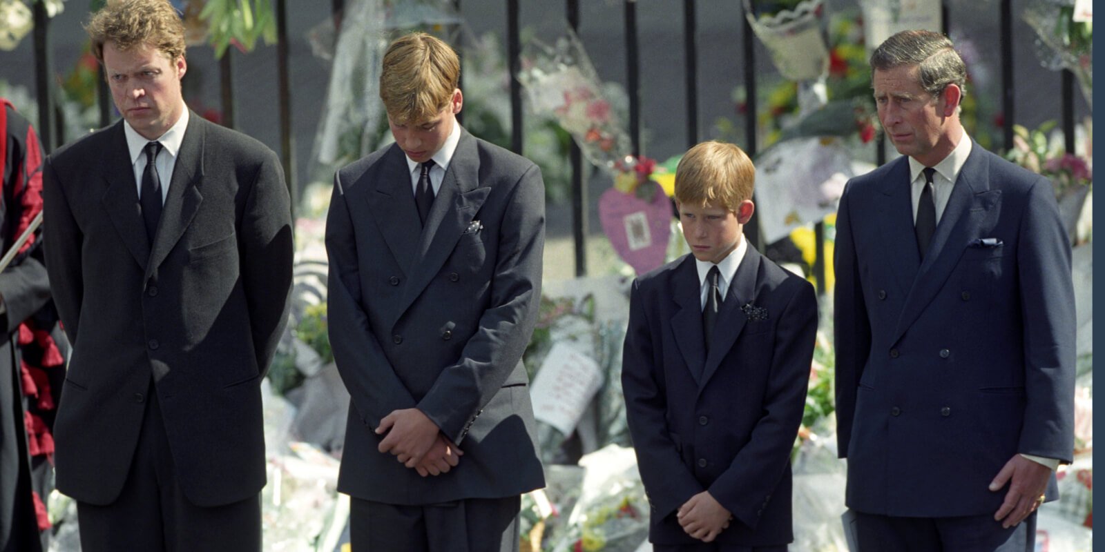 Charles Spencer, Prince Harry, Prince William and King Charles III at the funeral of Princess Diana in 1997.