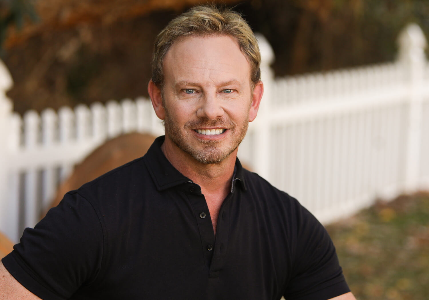 Ian Ziering poses in a black shirt at Hallmark Channel's Home & Family at Universal Studios Hollywood
