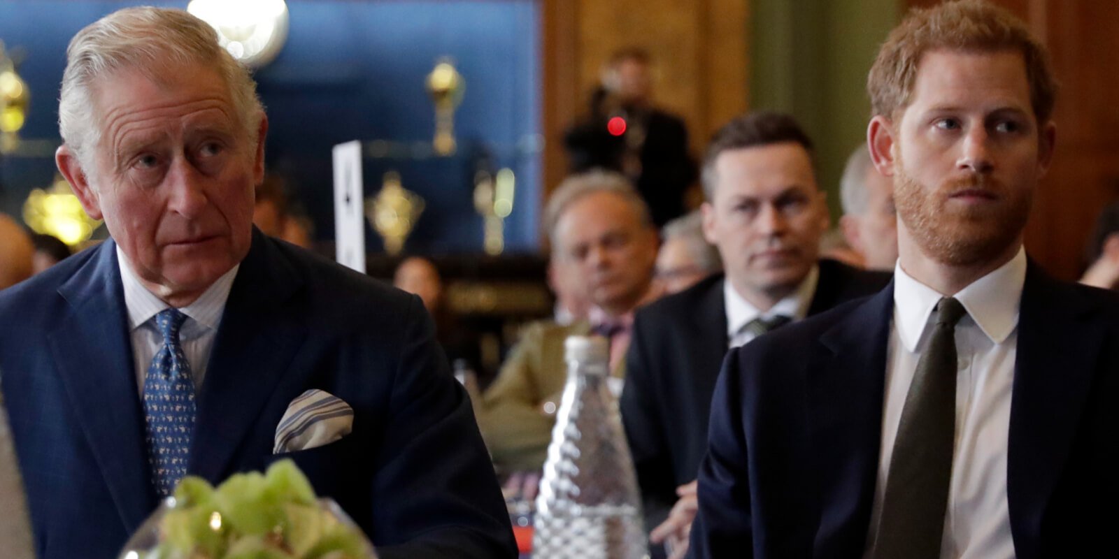 King Charles III and Prince Harry attend the 'International Year of The Reef' 2018 meeting at Fishmongers Hall on February 14, 2018 in London, England.