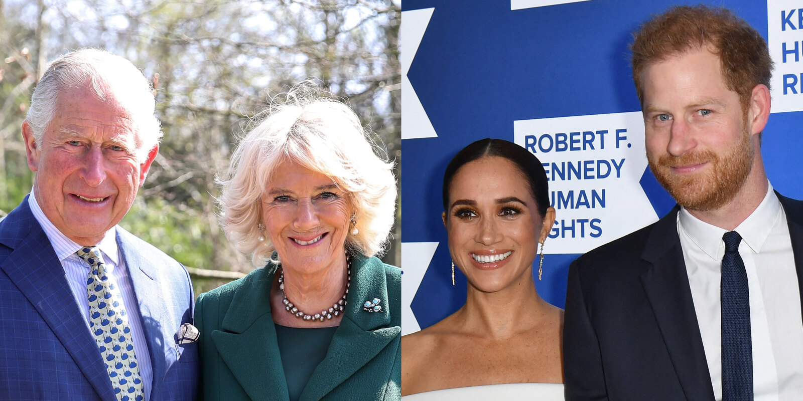 King Charles, Camilla Parker Bowles, Meghan Markle, and Prince Harry in side-by-side photographs.