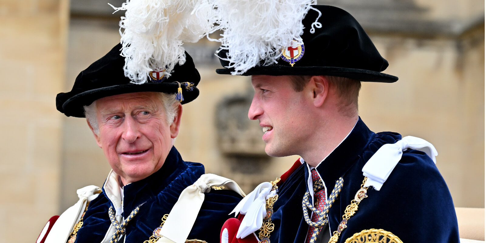 King Charles III and his son Prince William at The Order of The Garter service at St George's Chapel, Windsor Castle on June 13, 2022 in Windsor, England.