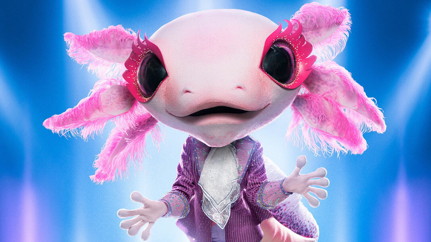 The Masked Singer Season 9 promo image shows Axolotl against a blue background