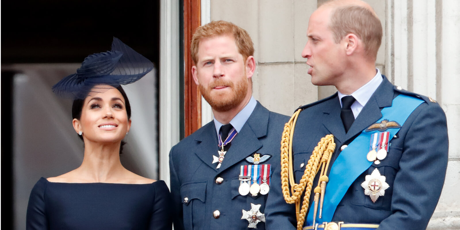 Meghan Markle, Prince Harry and Prince William on the Buckingham Palace balcony.