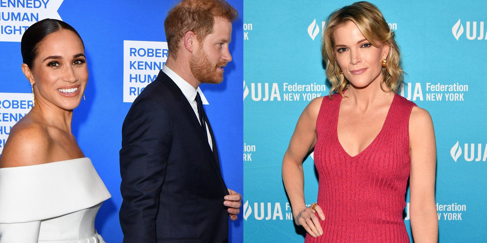 Meghan Markle, Prince Harry and Megyn Kelly in side by side photographs.