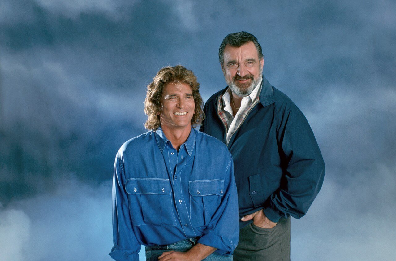 Michael Landon and Victor French pose for a promotional picture for 'Highway to Heaven.'
