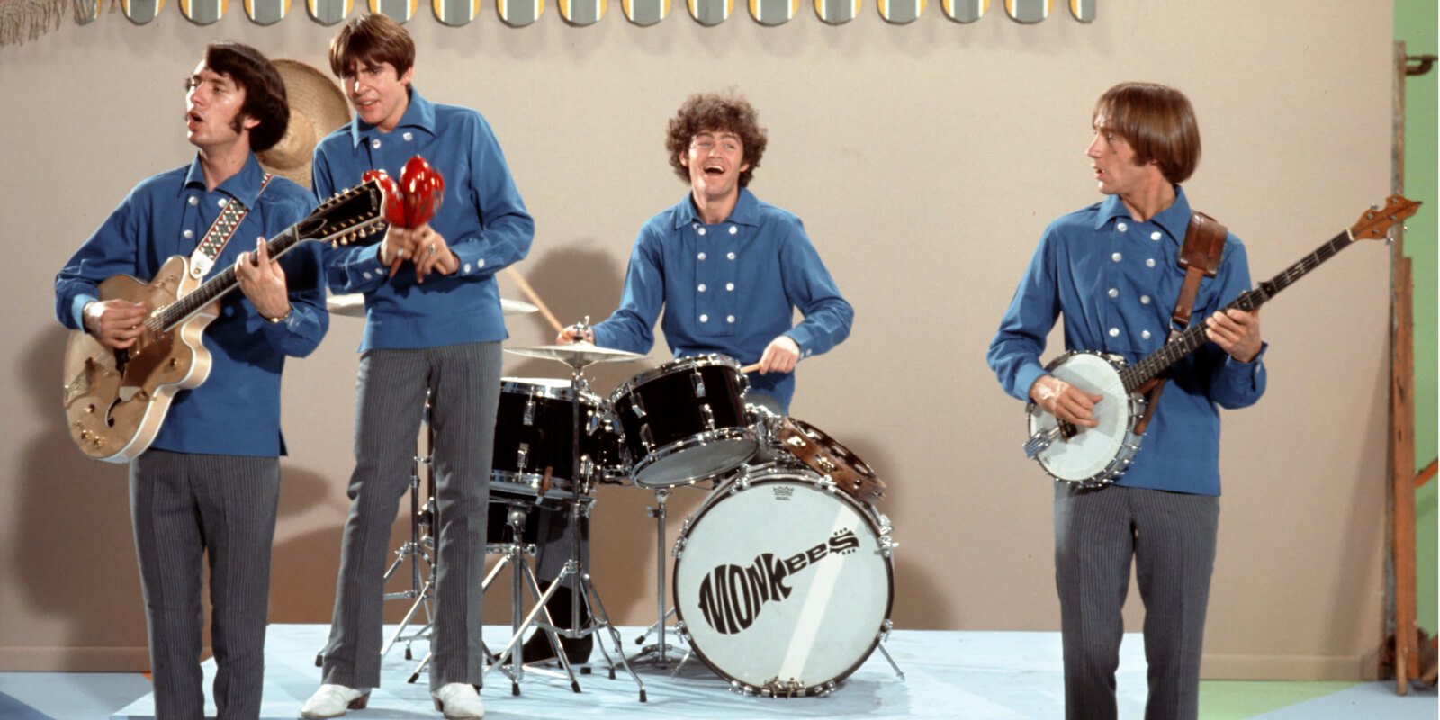 The Monkees Mike Nesmith, Davy Jones, Micky Dolenz and Peter Tork perform on the NBC series,