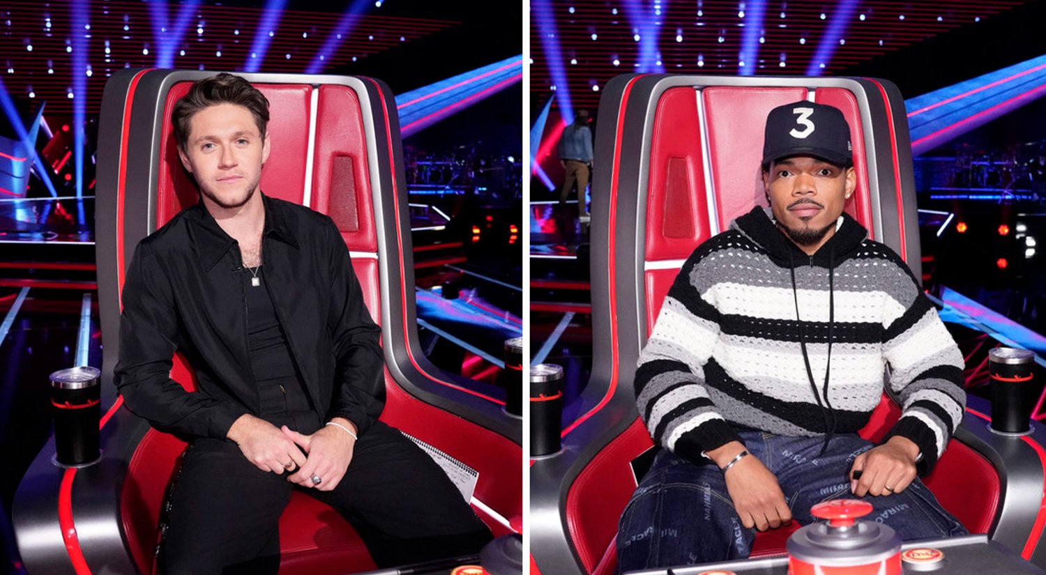 Left: Niall Horan in his chair on The Voice Season 23, Right: Chance the Rapper in his chair on The Voice Season 23