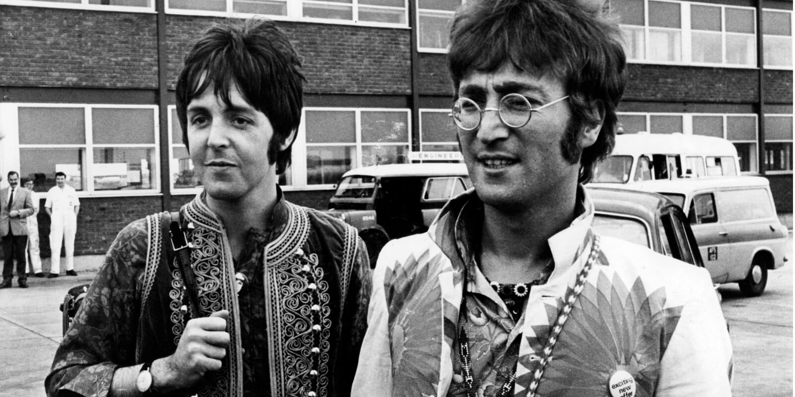 Paul McCartney and John Lennon returning to Heathrow Airport from a holiday in Greece.