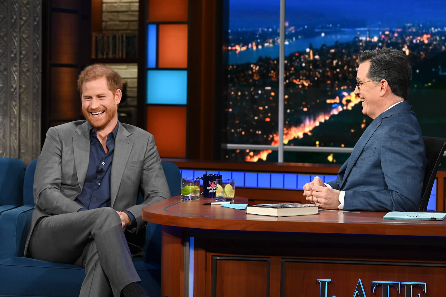 Prince Harry smiles on The Late Show with Stephen Colbert