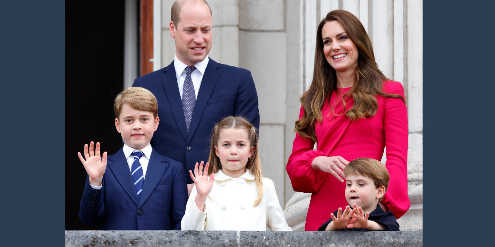 Prince William, Kate Middleton, Prince George, Princess Charlotte and Prince Louis on the Buckingham Palace balcony in 2022.