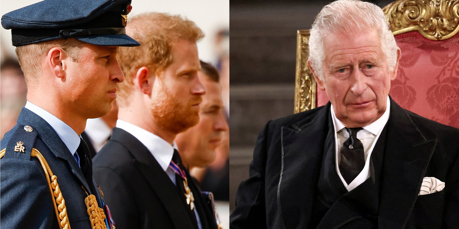 Prince William, Prince Harry and King Charles III in side by side photographs.