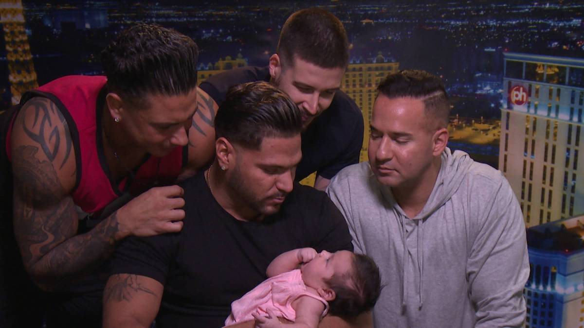 Pauly DelVecchio, Vinny Guadagnino, and Mike 'The Situation' Sorrentino greet Ronnie Ortiz-Magro from 'Jersey Shore's kid Ariana Sky in an episode of Family Vacation.
