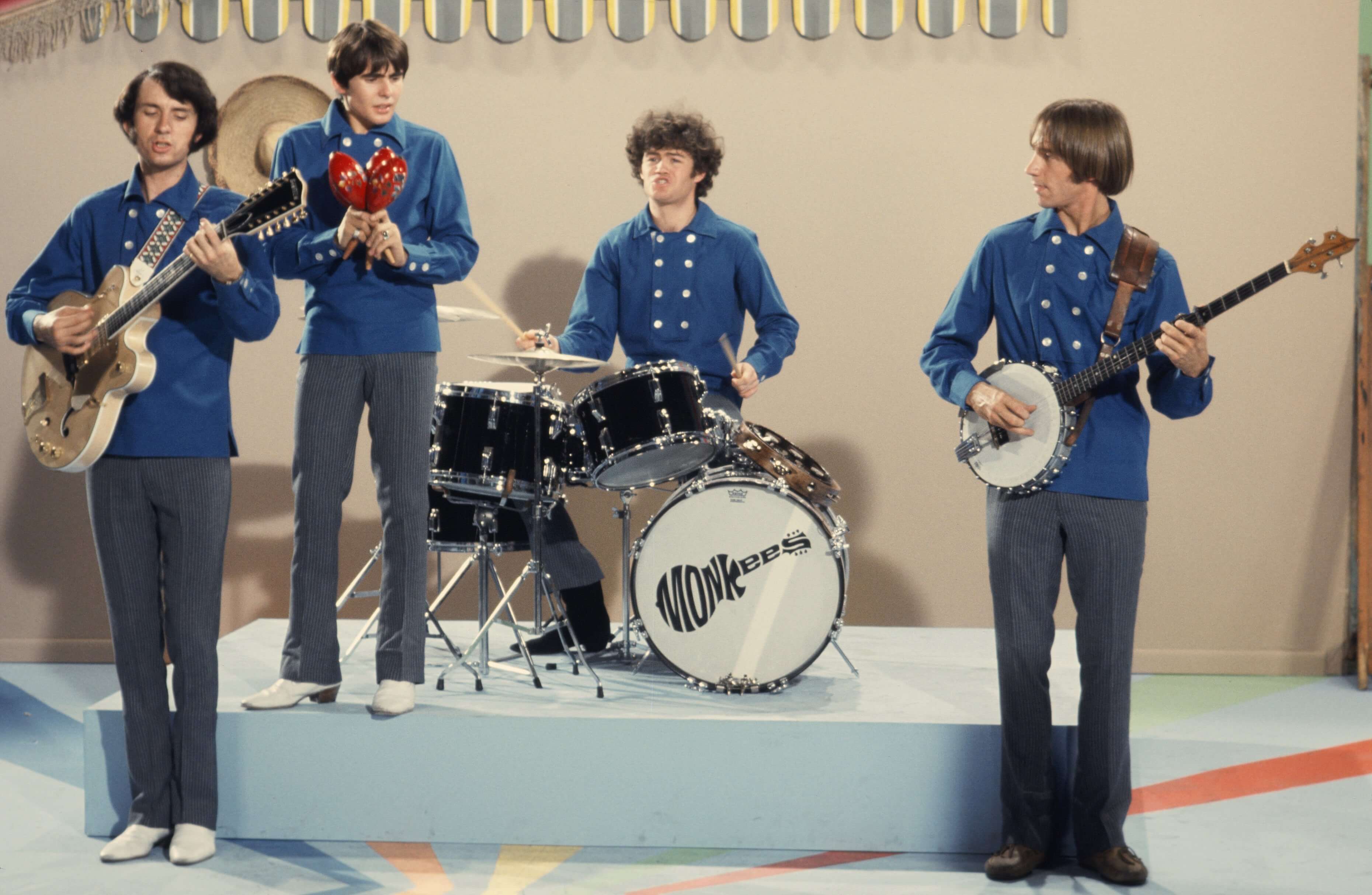 The Monkees in blue during the "Last Train to Clarksville" era