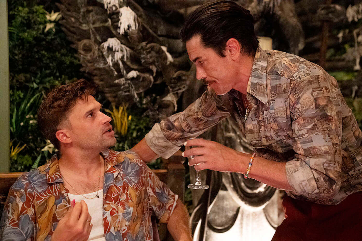 'Vanderpump Rules' stars Tom Schwartz and Tom Sandoval wearing Hawaiian shirts in a production still from season 10.
