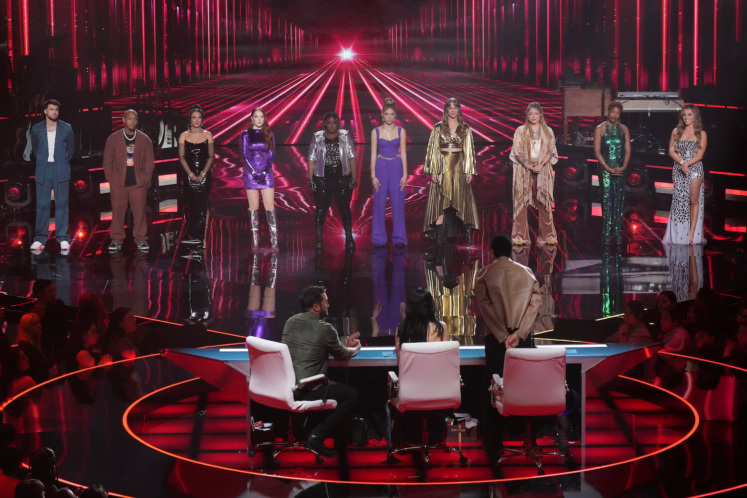 The top 12 on 'American Idol' 2023 standing on stage in front of the judges and audience