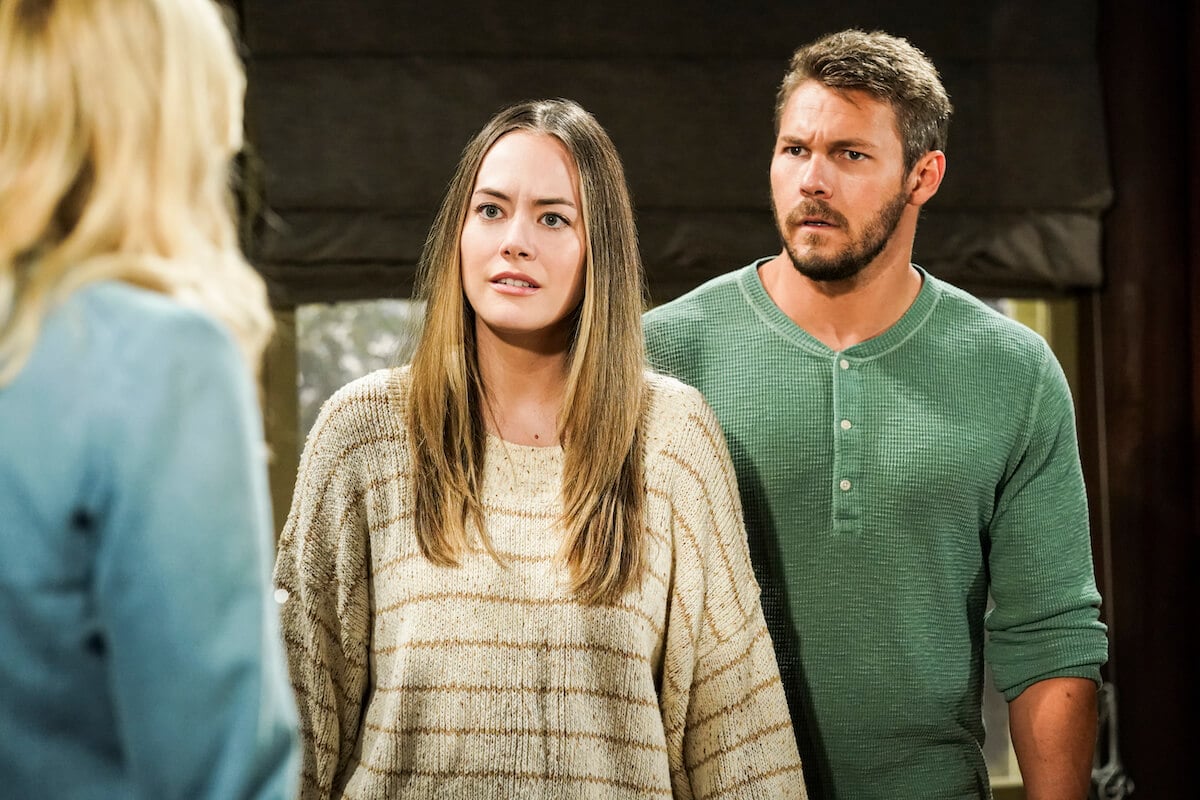 Actor Annika Noelle and Scott Clifton standing together in a scene in 'The Bold and the Beautiful'