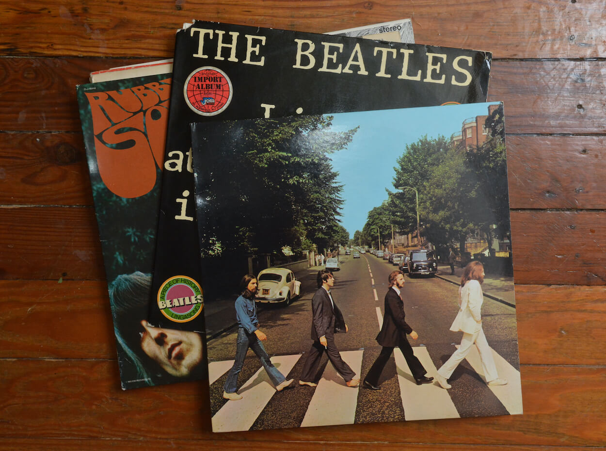 The Beatles album 'Abbey Road' rests atop of stack of Fab Four records owned by a private collector.