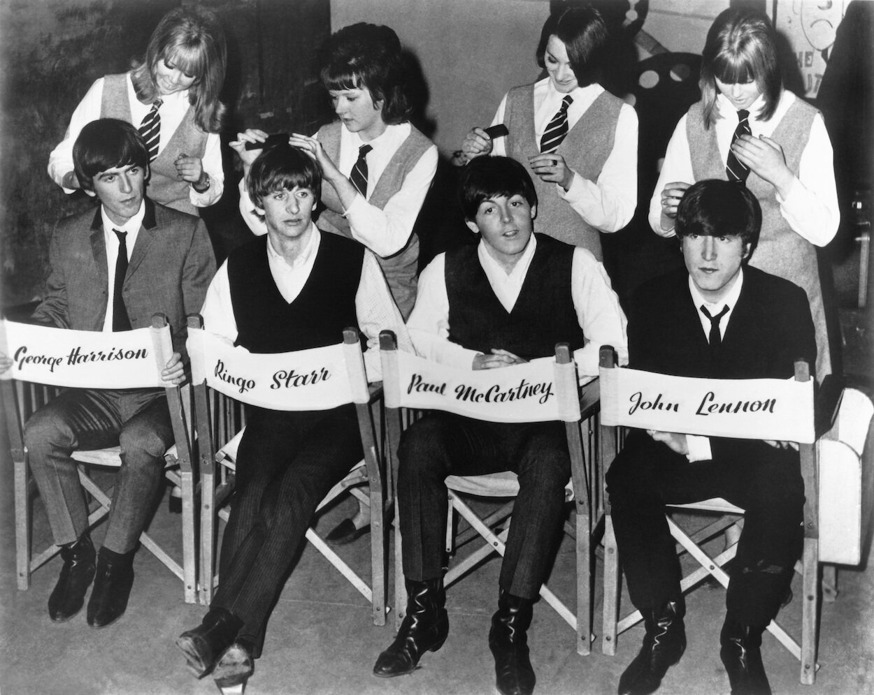 George Harrison (from left), Ringo Starr, Paul McCartney, and John Lennon on the set of The Beatles' movie 'A Hard Day's Night' in 1964.