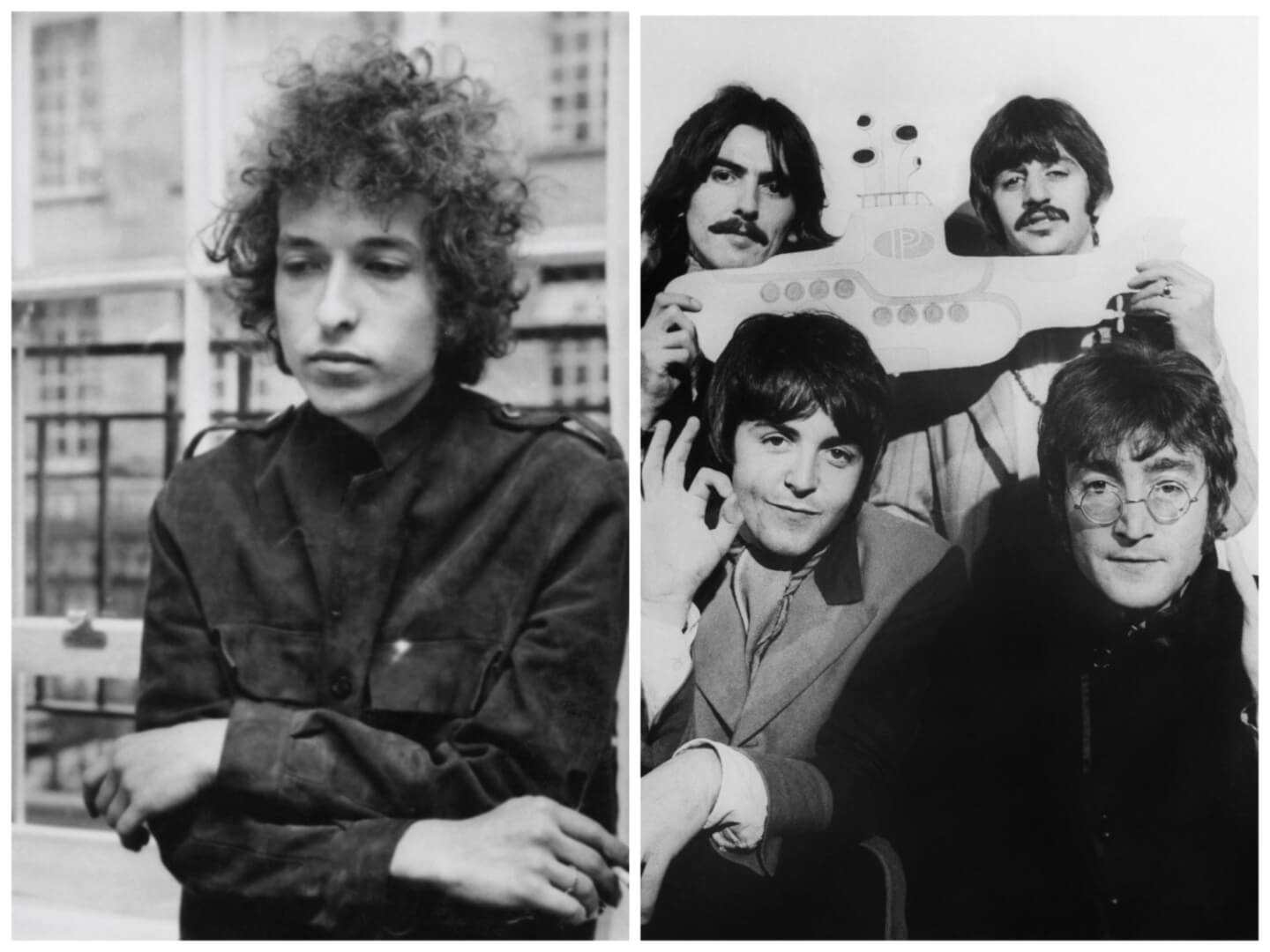 A black and white picture of Bob Dylan leaning against a window. The Beatles pose with a yellow submarine toy.