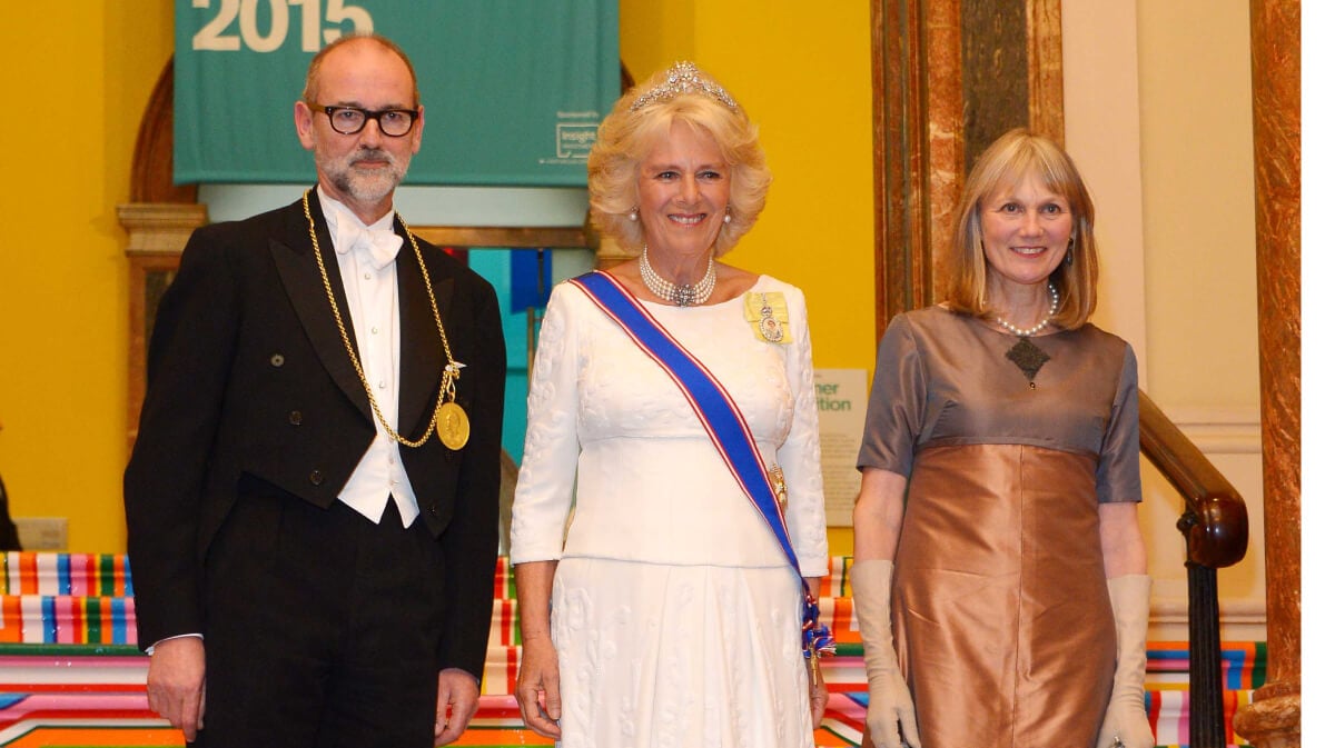 Queen Consort Camilla Parker Bowles, then the Duchess Of Cornwall and Christopher Le Brun attend the Royal Academy Annual Dinner to celebrate the Summer Exhibition, opening to the public on 8 June, at Royal Academy of Arts on June 2, 2015 in London, England