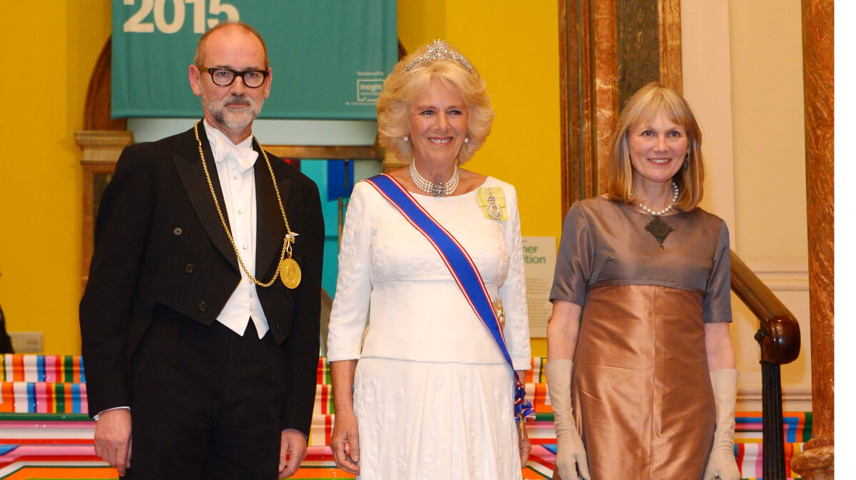 Queen Consort Camilla Parker Bowles, then the Duchess Of Cornwall and Christopher Le Brun attend the Royal Academy Annual Dinner to celebrate the Summer Exhibition, opening to the public on 8 June, at Royal Academy of Arts on June 2, 2015 in London, England