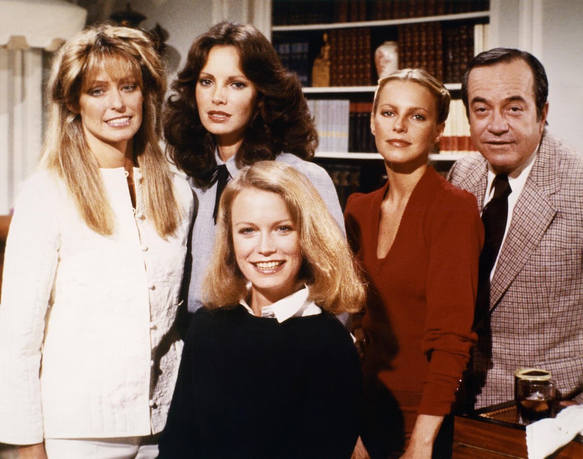 Farrah Fawcett, Jaclyn Smith, Shelley Hack, Cheryl Ladd, and David Doyle on the set of Charlie's Angels'