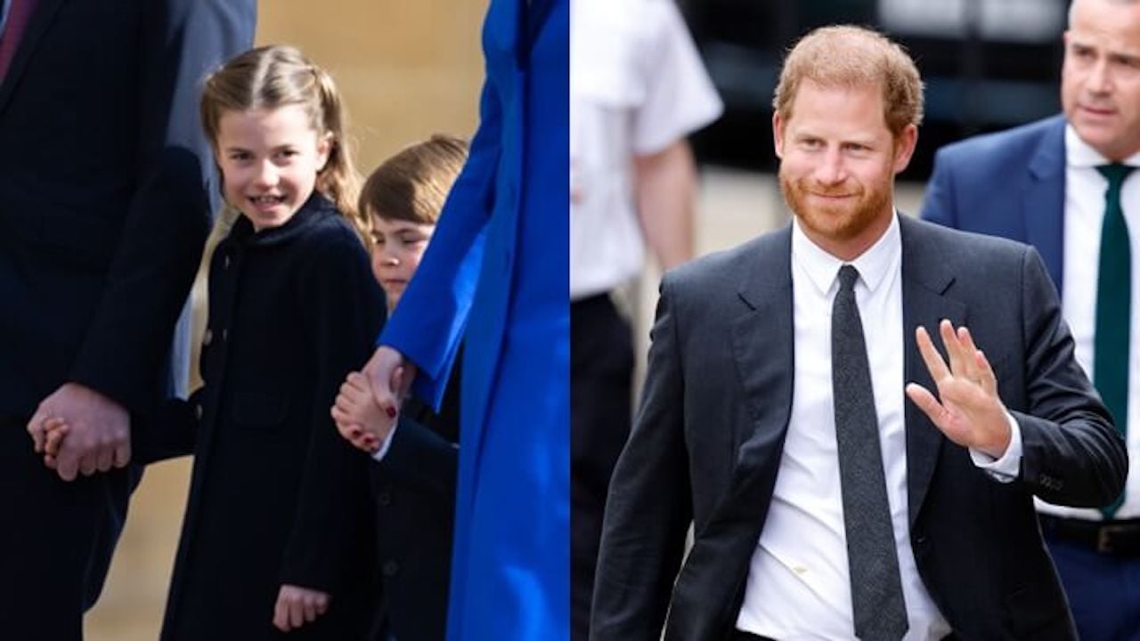 (L) Princess Charlotte and Prince Louis attend the Easter Mattins Service at Windsor Castle on April 09, 2023, in Windsor, England. (R) Prince Harry, Duke of Sussex arrives at the Royal Courts of Justice on March 30, 2023, in London, England.