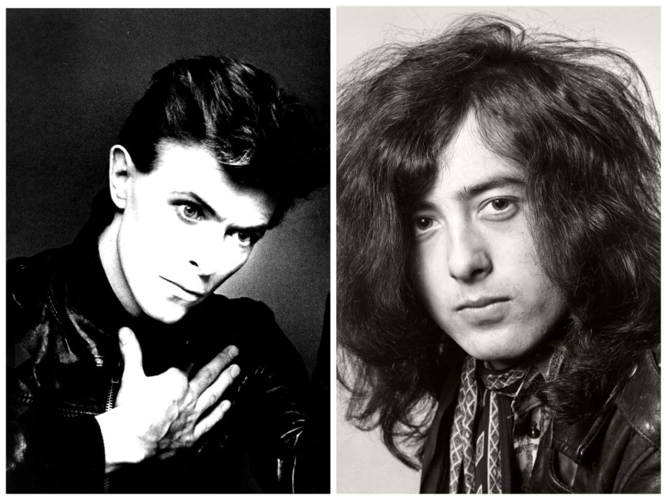 A black and white picture of David Bowie with his hand on his chest. Jimmy Page has a scarf tied around his neck.
