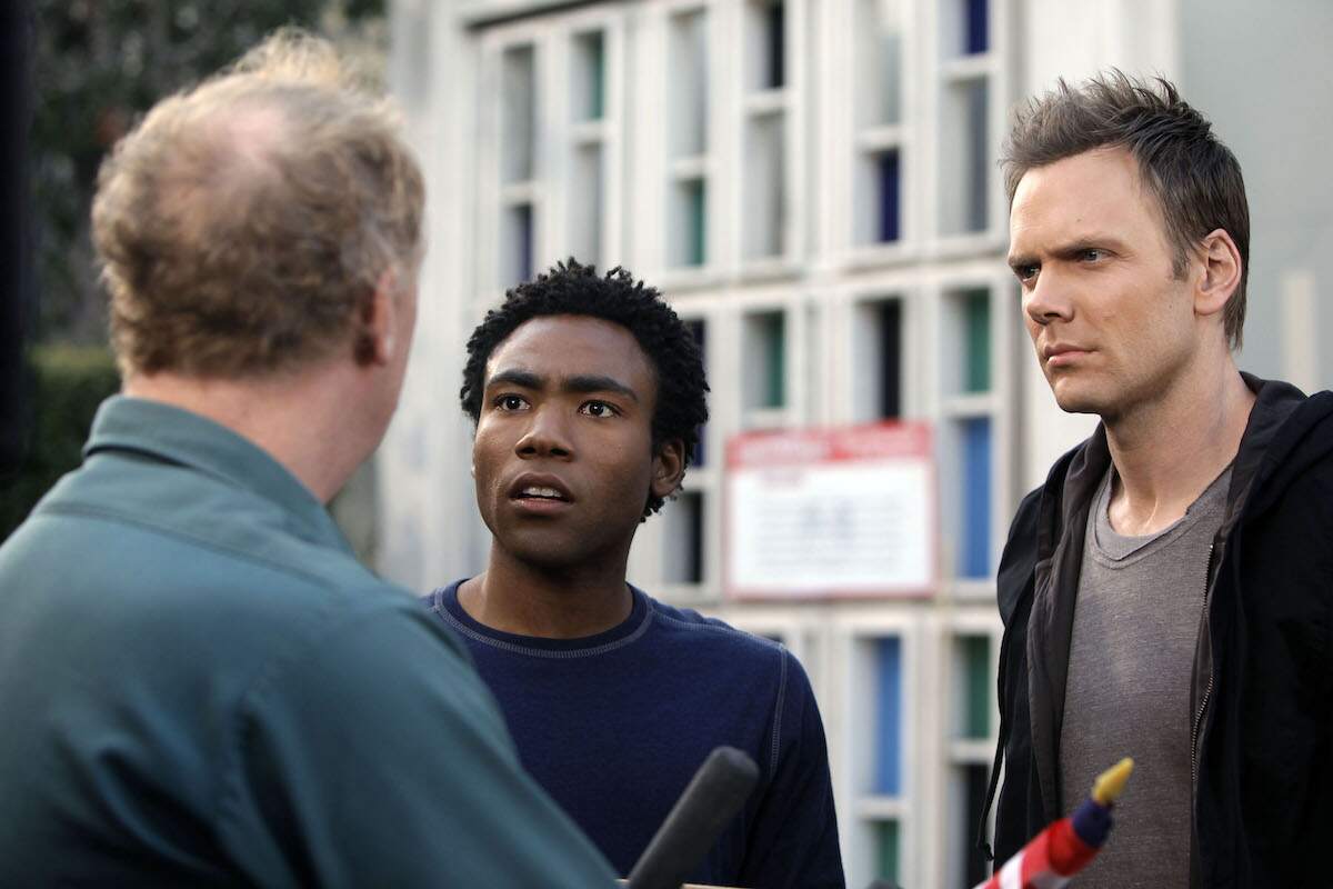 Matt Walsh as Joshua, Donald Glover as Troy, and Joel McHale as Jeff film a scene for Community