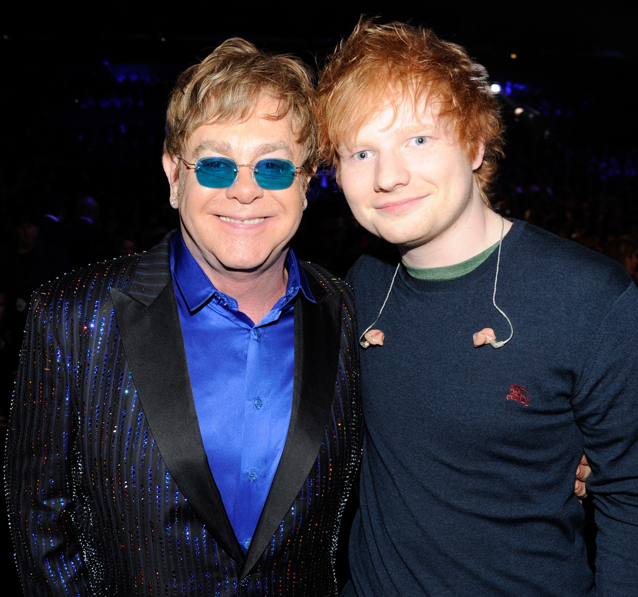 Elton John and Ed Sheeran pose for a photo together at the 55th Annual GRAMMY Awards