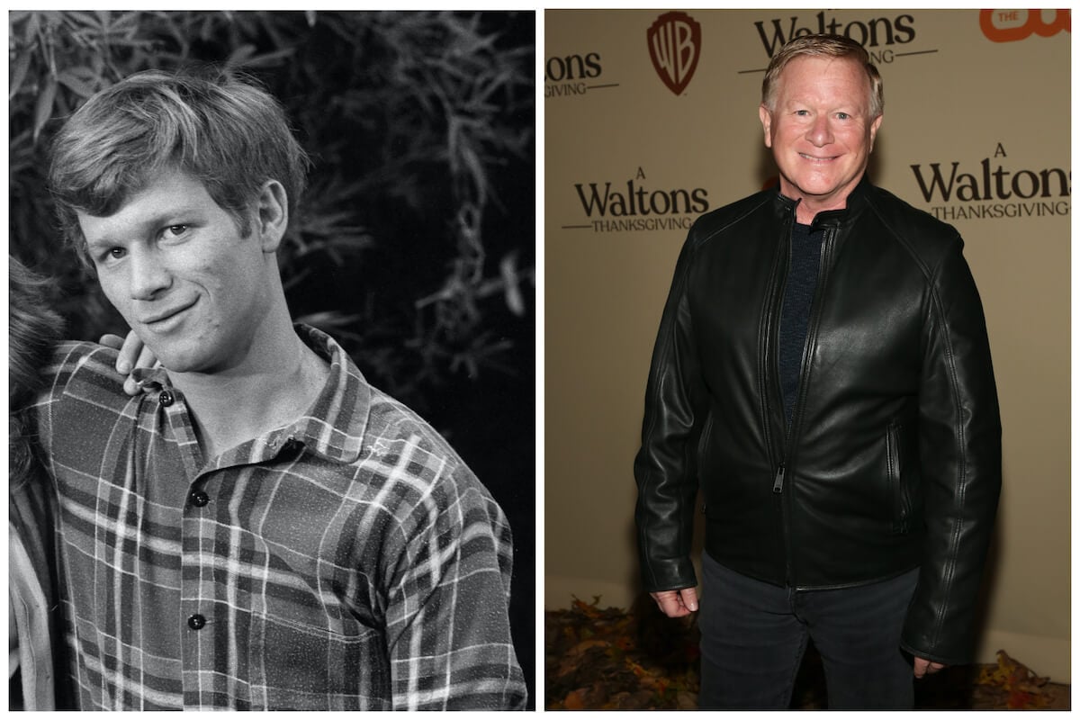 Black and white photo of Eric Scott as Ben Walton in 'The Waltons' next to photo of Scott in a black leather jacket