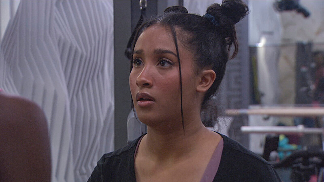 Hannah Chaddha looks at someone scared on 'Big Brother 23'.