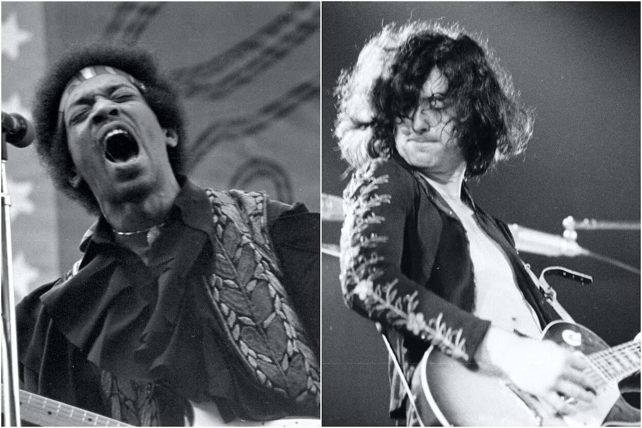 (l-r) Jimi Hendrix sings while playing guitar at an April 1970 concert in Sacramento, Calif.; Jimmy Page strums a Les Paul guitar during a Led Zeppelin concert circa 1970.