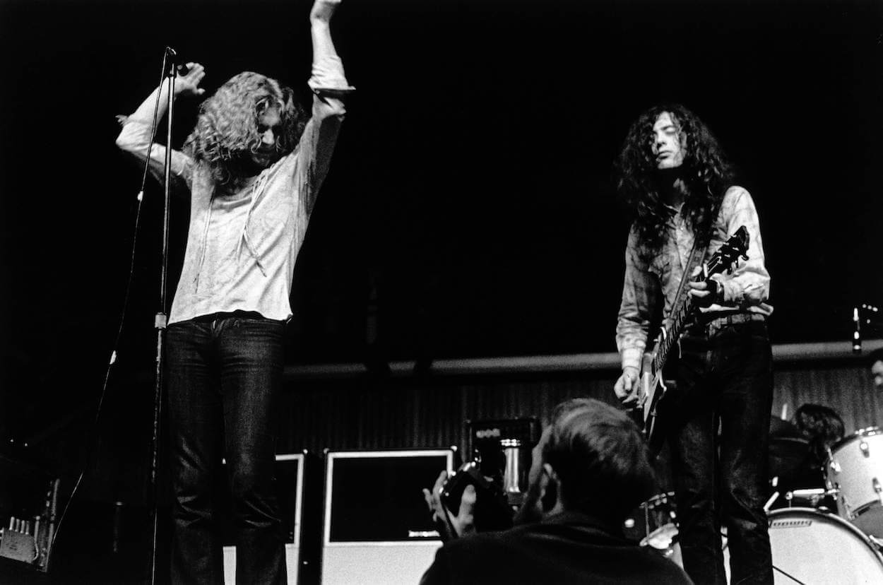 Led Zeppelin singer Robert Plant (left) and guitarist Jimmy Page on stage during a performance in Denmark in 1970.