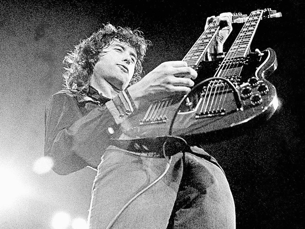 Led Zeppelin's Jimmy Page plays his custom double-necked guitar during convert circa June 1972.