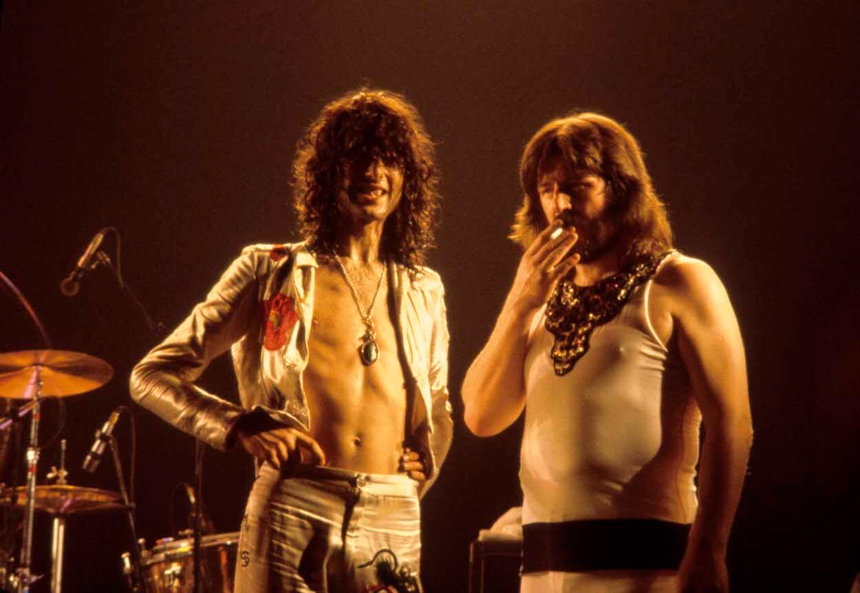 Led Zeppelin's Jimmy Page (left) and John Bonham stand in front of Bonham's drums during a 1977 concert at Madison Square Garden.