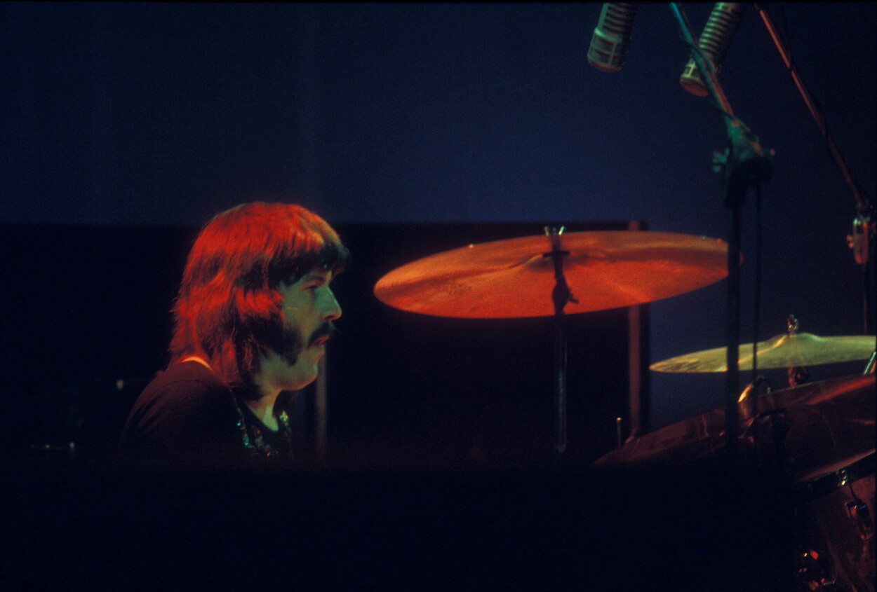 Led Zeppelin drummer John Bonham sits behind his kit during a 1975 concert at Earl's Court in London.