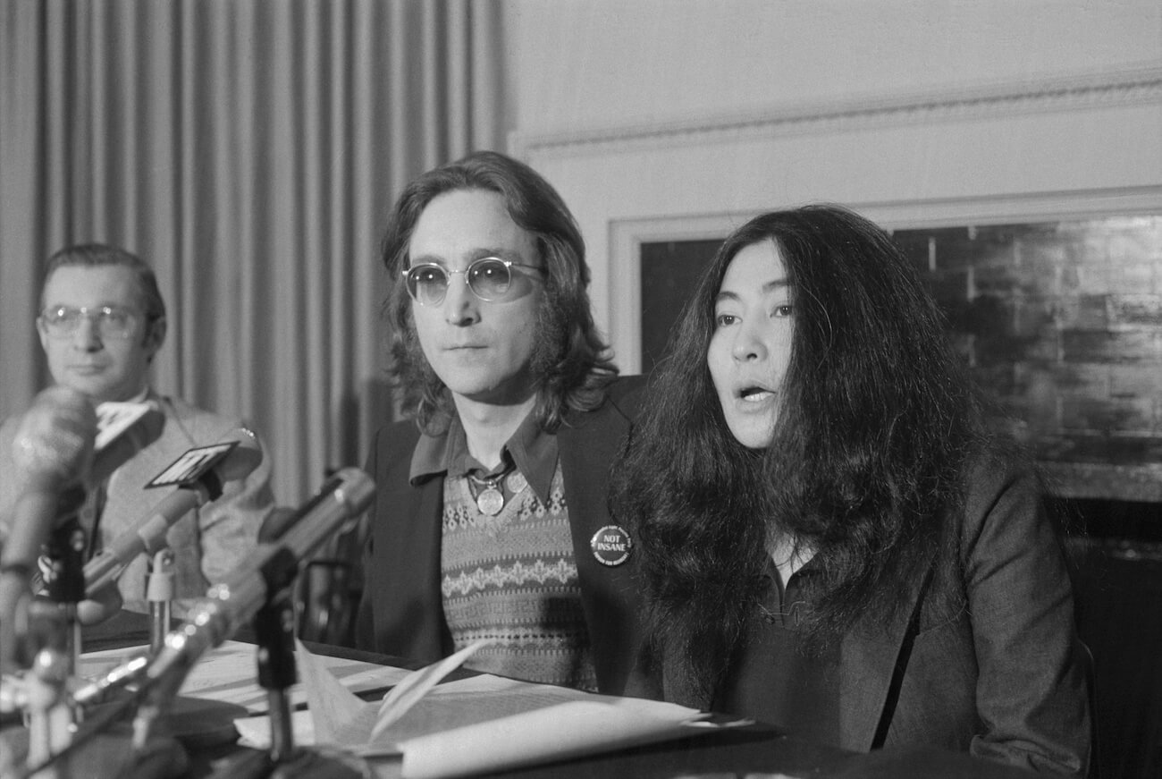 John Lennon and Yoko Ono at the press conference where they announced the creation of their new country, Nutopia. 