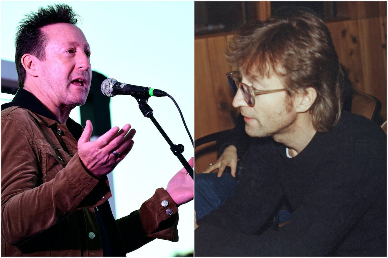 Julian Lennon (left) wearing a brown jacket while speaking at a 2022 event; John Lennon wears glasses while working at a recording studio in December 1980.