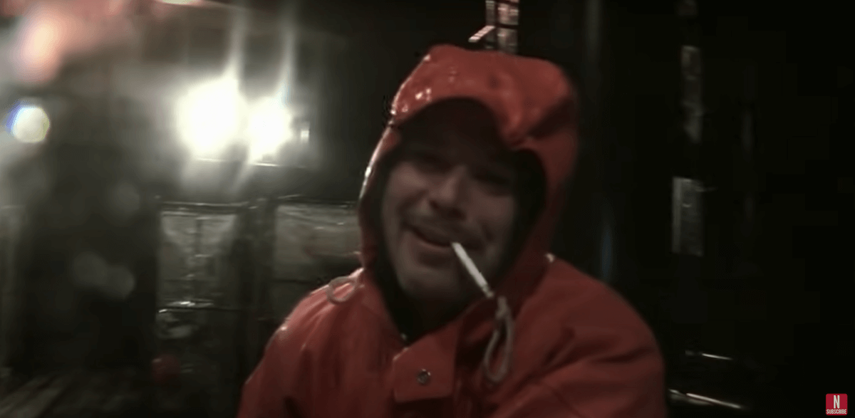 Justin Tennison with a cigarette in his mouth on 'Deadliest Catch'