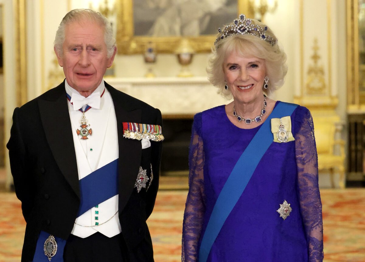 Camilla Parker Bowles, Queen Consort and King Charles III during the State Banquet at Buckingham Palace on November 22, 2022 in London, England