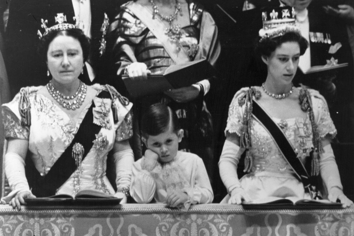 King Charles III at Queen Elizabeth II's coronation with the Queen Mother and Princess Margaret