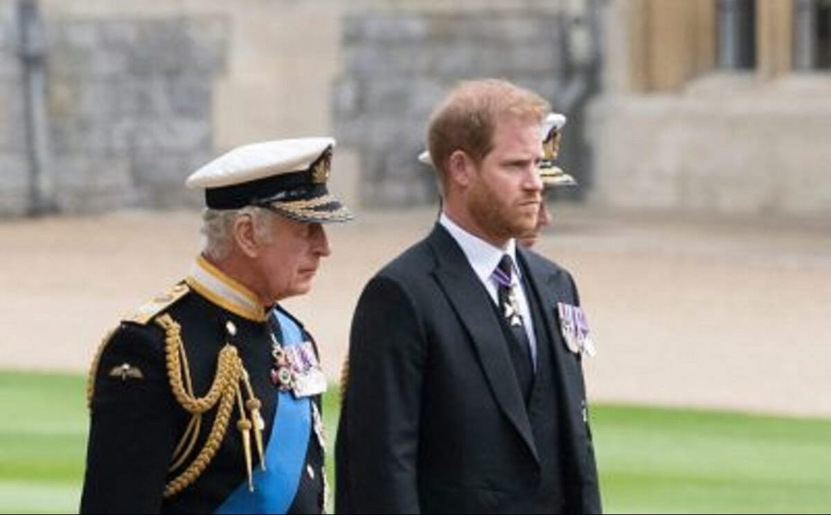 King Charles, who a former butler says is till looking after Prince Harry, at Queen Elizabeth's funeral with his son